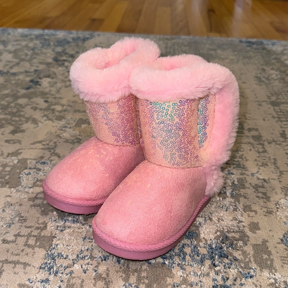 Pink Sequin Sparkle Lined Boots with Velcro Closure - Size 8 Toddler